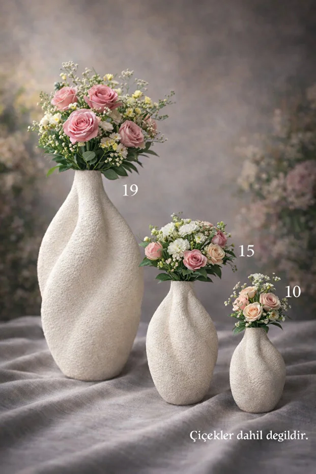 3’lü Modern Dokulu Seramik Gorunumlu Vazo Seti 19-15-10 cm | Minimal Ev Dekorasyon Çiçeklik